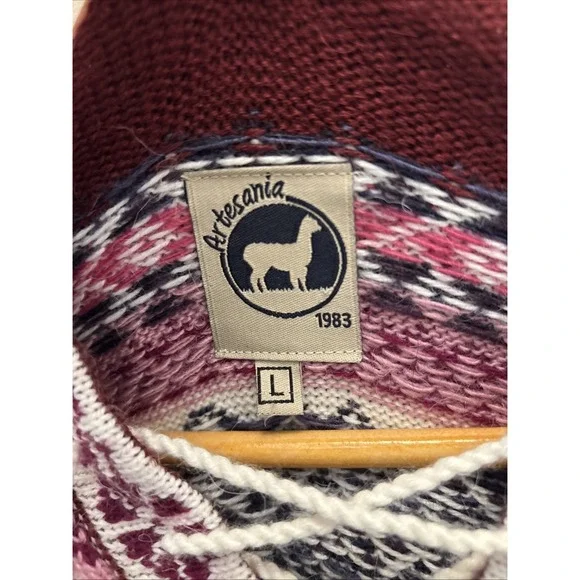 Artesania Hooded Pullover Fair Isle Sweater Lace Up Alpaca Women's Size L Peru - Picture 2 of 15